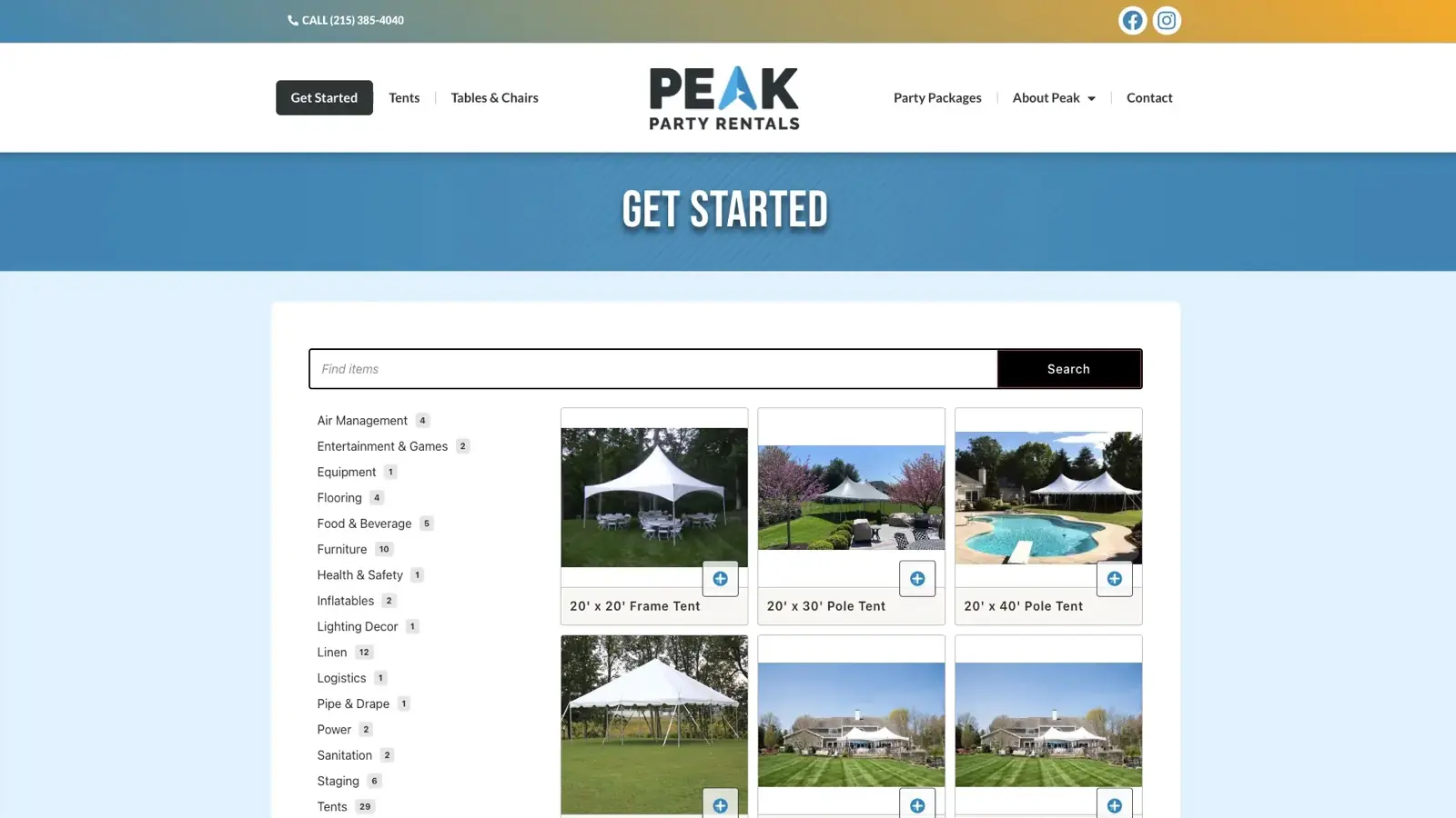 Peak Party Rentals site inventory pages